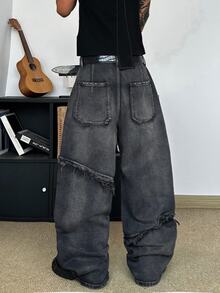 STEELVANCE 男士重磅做舊水洗鉚釘破洞原色下擺寬腿牛仔褲 Y2K 龐克街頭風牛仔褲（不含腰帶與配件） - 灰色 - 查看 2