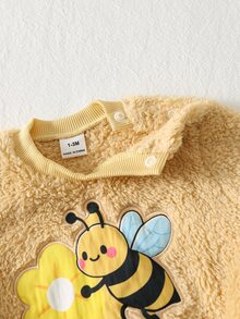 SHEIN 新生兒嬰兒禮品套裝 圓領套頭衛衣 抓絨內裡 長袖 黃色貼花天鵝圖案 黃色蝴蝶結針織柔軟套頭衛衣 鬆緊腰條紋黃色長褲 兒童2件套 可愛舒適 - 黃色 - 查看 4