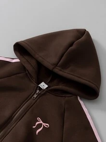 SHEIN 女童 2 件套 秋季/毛茸茸抓絨彈性針織休閒連帽拉鍊運動外套與寬鬆寬腿長褲套裝 7 歲生日 棕色 - 棕色 - 查看 4