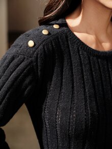Anewsta Women's Autumn/Winter Designer Slim Fit Minimalist Elegant Wavy Hem Round Neck Casual Commute Knit Sweater - Navy Blue - View 2