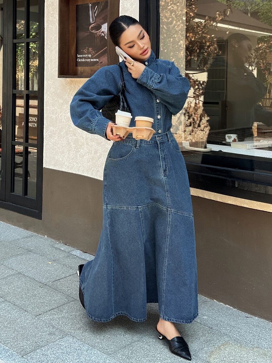Dazy Plus Vintage Washed Denim Loose Small Collar Denim Top & Fitted Fishtail Skirt Elegant 2 Pieces Set - Dark Wash - View 1