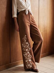 Anewsta Women's Elegant Romantic Suede Floral Embroidered Pants, Suitable For Daily Wear, Party, Date, Holiday, Commute, And Other Occasions - Brown - View 7