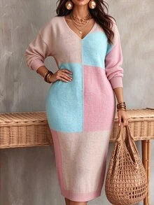 Linhara CURVE Plus Size Women's Solid Color Knit V-Neck Colorblock Sweater Dress, Minimalist Casual Style, Suitable For Autumn/Winter Daily Commute, Romantic Vacation, Dopamine Back To School Season - Multicolor - View 3