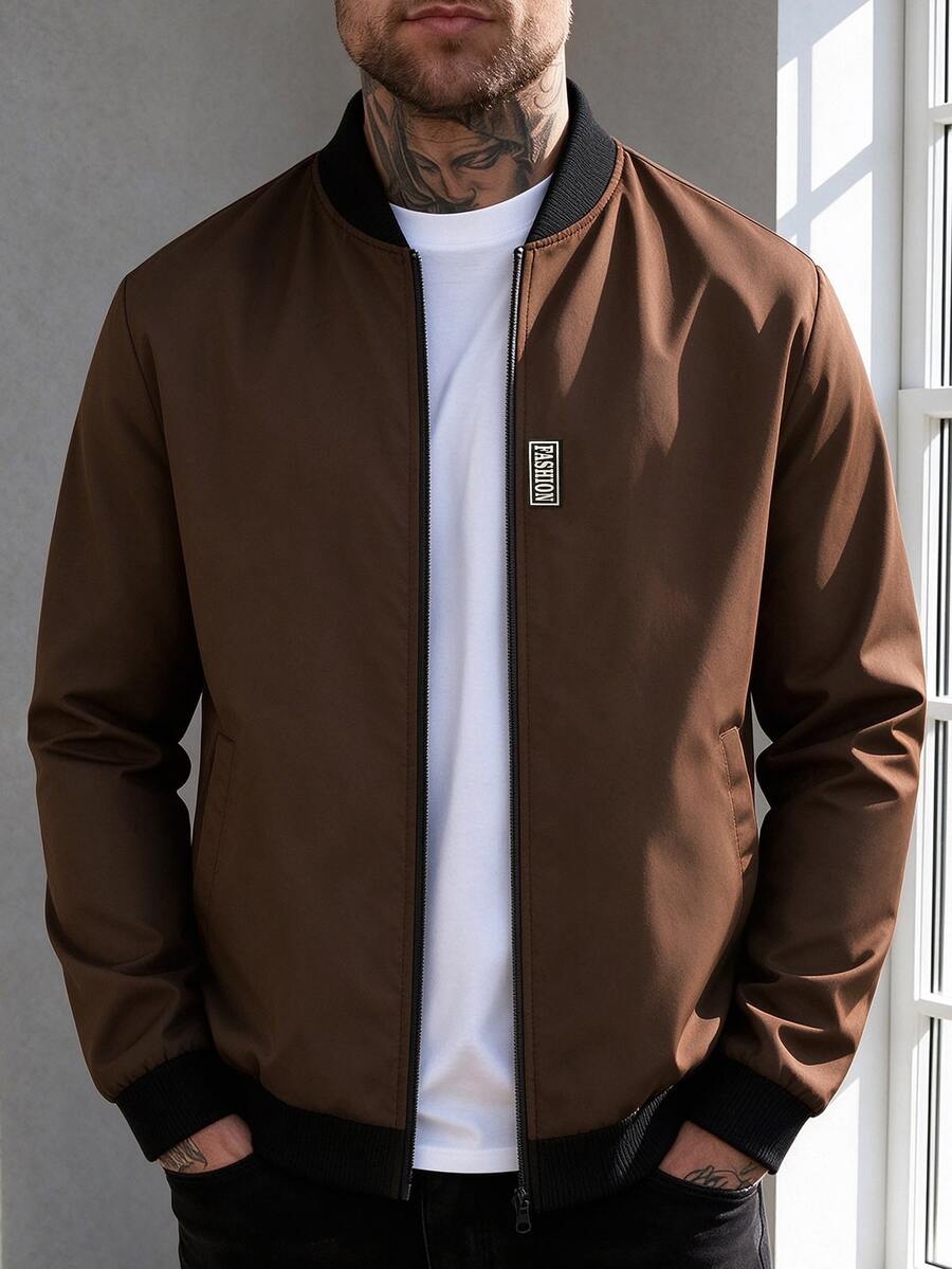 Manfinity Homme 男士字母刺繡拉鍊領休閒棒球夾克 - 棕色 - 查看 1