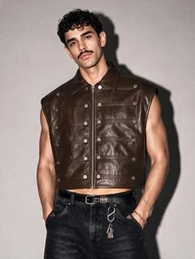 FeverCity Men's Solid Color Lapel Short Vest - Brown - View 1