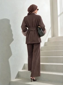 Veilorie Women's Plush Patchwork Knot Waist Long Sleeve Top And Pants 2 Pieces Set - Mocha Brown - View 2