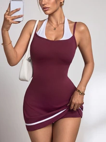 Slayform Slayform Women's 2-In-1 Patchwork Casual Daily Summer Sports Dress - Burgundy - View 1