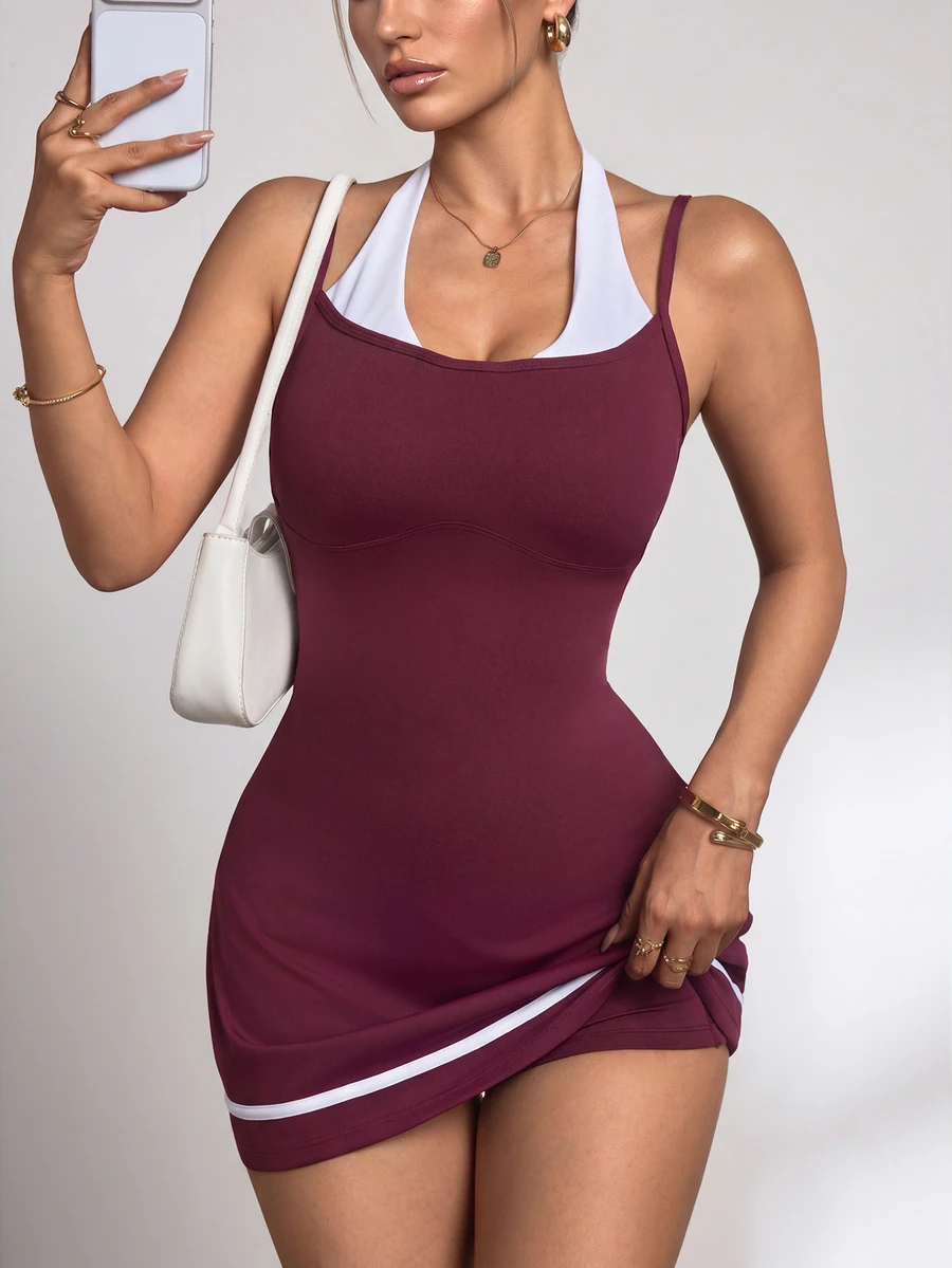 Slayform Slayform Women's 2-In-1 Patchwork Casual Daily Summer Sports Dress - Burgundy - View 1