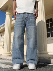 QuarKem Men's Light Blue Horizontal Cat Whisker Wide Leg Jeans, Street Style Mid-Waist Full Length Pants - Blue - View 7