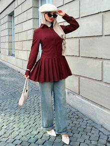 Solavon Women's Elegant Long Sleeve Button Ruched Blouse - Red - View 5