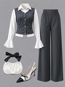 Auvina Plus Size White 2 In 1 Top And Straight Leg Pants 2 Pieces Set - Dusty Blue - View 4