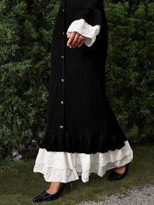 VOLUPTÉ CURVE Women's Long V-Neck Lace Patchwork Sleeve Sweater Dress - Black - View 8