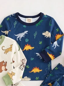 Cozy Pixies 男嬰休閒簡約修身圓領舒適長袖長褲家居服多件套，適合春夏，貼身剪裁，經典卡通動物可愛獅子圖案印花 - 彩色 - 查看 6