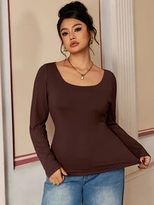 SHEIN BASICS Plus Size Women's Solid Color Crew Neck Long Sleeve Casual T-Shirt - Chocolate Brown - View 7