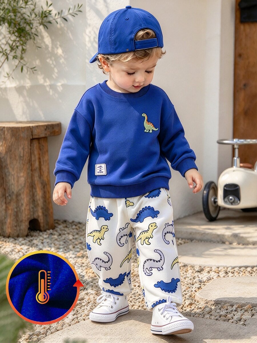 SHEIN 2pcs Toddler Boy Royal Blue White Dinosaur Print Pullover Sweatshirt Pants Set Ribbed Long Sleeve Round Neck Fleece Fall Winter Party - Blue - View 1