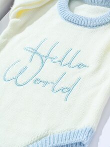 2pcs Newborn Baby Boy Knitted Romper Beanie Set Cream Blue Embroidery Pom Long Sleeve Round Neck Photography Prop Winter Pullover Jumpsuit Snap Button - Multicolor - View 6