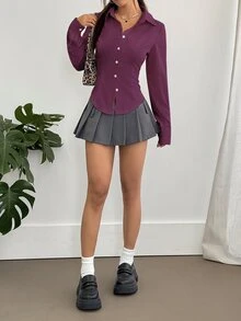 Sweetra 女款休閒百搭通勤純色收腰襯衫 - 中紫紅色 - 查看 4