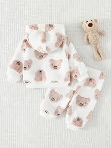 Cozy Pixies 嬰兒柔軟毛絨雙面抓絨熊套裝，幼兒秋冬可穿戴連帽兩件式套裝 - 彩色 - 查看 2