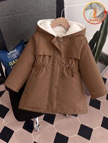 SHEIN Playful Pals 女童粉色連帽加厚外套，前開襟拉鍊，收腰設計，冬季連帽夾克，秋冬上衣，長袖天鵝絨加厚款 - 棕色 - 查看 4
