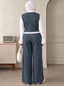 Auvina Plus Size White 2 In 1 Top And Straight Leg Pants 2 Pieces Set - Dusty Blue - View 2