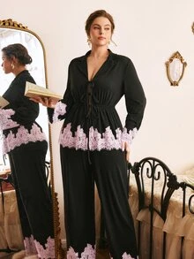 Côtesoire Plus Size Pajama Set, Southern French Elegant Autumn/Winter Sleepwear, French Romantic Pajama Set - Black - View 3