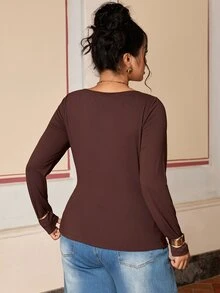 SHEIN BASICS Plus Size Women's Solid Color Crew Neck Long Sleeve Casual T-Shirt - Chocolate Brown - View 2
