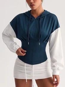 Sirith Women's Colorblock Drawstring Waist Hooded Sports Sweatshirt, Long Sleeve Cropped Sweatshirt With Asymmetrical Hem, Fitness Pullover Top - Multicolor - View 4