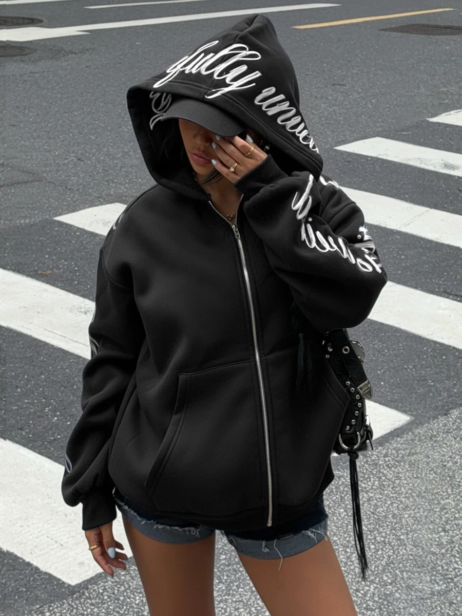 SHEIN Teen Girl Letter Print Zip-Up Hooded Sweatshirt With Pockets - Black - View 1