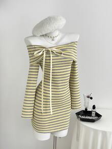 Elamini Women's Bow Design Striped Off-Shoulder Long Sleeve Dress - Yellow - View 7