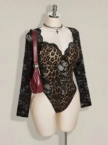 SHEIN ICON بودي سوت دانتيل بطبعة نمر مثير بأكمام طويلة مقاس كبير - بني - مشاهدة 6