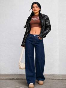 SHEIN PETITE Quần jean denim nữ ống rộng dáng suông thoải mái đa năng có túi - Rửa tối - Xem 6