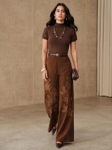 Anewsta Autumn/Winter Caramel Brown Corduroy Embroidered High Waist Rhinestone Floral Wide Leg Women's Long Pants - Brown - View 4