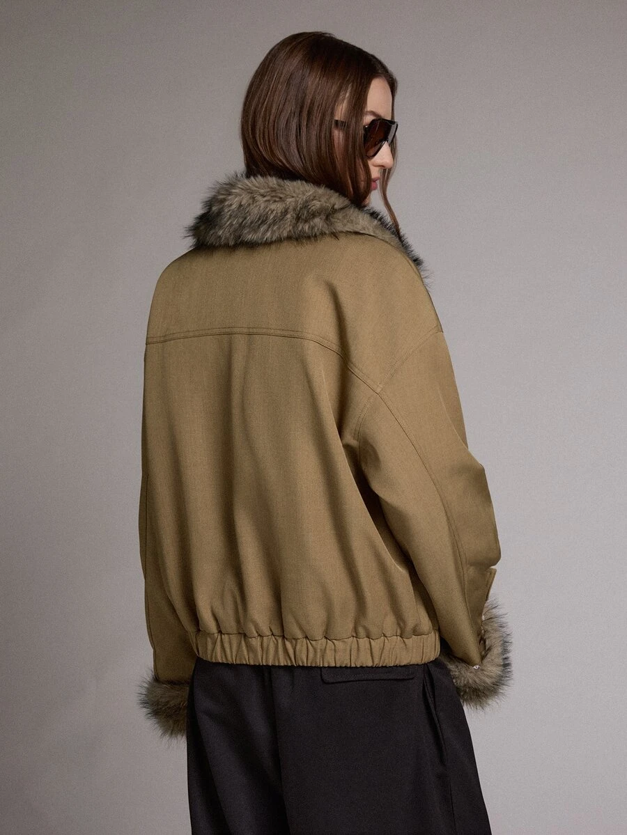 MOTF PREMIUM URBAN SHORT JACKET WITH LARGE FUR COLLAR DECORATION PADDED COAT FOR AUTUMN/WINTER - Khaki - View 2