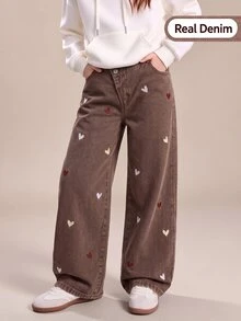 Tween Girls' Y2K Aesthetic Casual Loose Fit Heart Embroidered Slanted Waist Wide Leg Denim Pants Suitable For Daily Outings, School, Commuting, - Coffee Brown - View 3