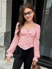SHEIN Girlism 少女白色休閒百搭方領露肩百褶泡泡袖短版上衣，春夏新品 - 粉色 - 查看 8