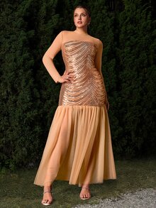 VOLUPTÉ CURVE Plus Size Stand Collar Mesh Sequin Patchwork Full Skirt Evening Gown - Apricot - View 6