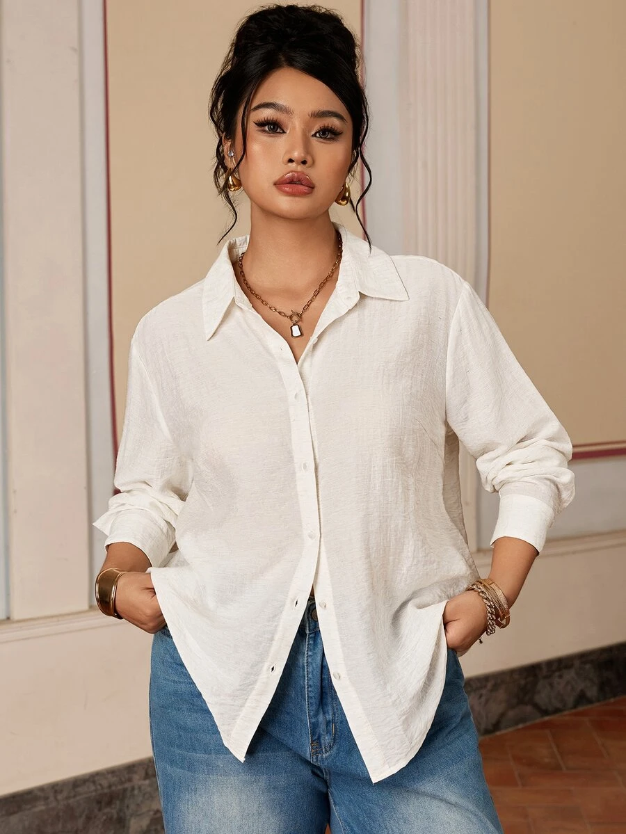 SHEIN BASICS Plus Size Single-Breasted Versatile Minimalist Long Sleeve Shirt - White - View 1