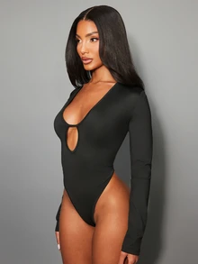 NYA SZN Women's Solid Color Casual Daily Long Sleeve Bodysuit - Black - View 6