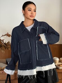 Dazy Plus Colorblock Patchwork Frayed Edge Design Large Pocket Blogger Casual Loose Fit Denim Jacket Spring Autumn New - Dark Wash - View 3