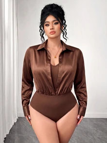 Elenzga Plus Size Collared 2 In 1 Shirt Style Long Sleeve V-Neck Bodysuit, Vintage Brown Draped Fabric, Commuter - Brown - View 2
