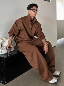 DAZY 男士純色深灰色厚款套頭運動衫套裝，秋冬季四分之一拉鍊男款 - 棕色 - 查看 1