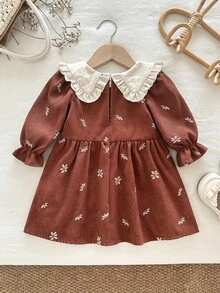 SHEIN 女童復古棕色燈芯絨大領刺繡花卉公主風洋裝，秋冬款 - 彩色 - 查看 2