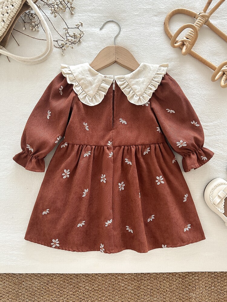 SHEIN فستان بناتي من الكوردروي البني العتيق مع ياقة كبيرة وتطريز زهري بأسلوب الأميرة، خريف/شتاء - متعدد الألوان - مشاهدة 2