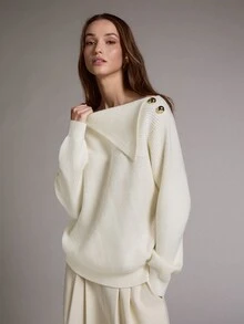 MOTF PREMIUM WOMEN'S LOOSE FIT V-NECK BUTTON CONTRAST DECOR SWEATER, AUTUMN/WINTER - Apricot - View 5