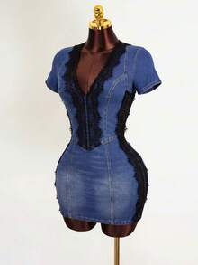 Mistrie Women's Contrast Lace V-Neck Short Sleeve Fitted Fashion Denim Dress - Grey - View 6