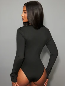 NYA SZN Women's Solid Color Casual Daily Long Sleeve Bodysuit - Black - View 7