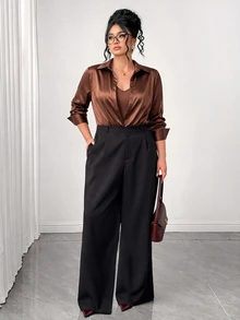 Elenzga Plus Size Collared 2 In 1 Shirt Style Long Sleeve V-Neck Bodysuit, Vintage Brown Draped Fabric, Commuter - Brown - View 7