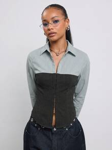 COUREZ Long Sleeve Double Layer Check Shirt With Corset /Y2K Cute Fall Going Out Tops Fall Autumn Autumn - Dark Grey - View 4