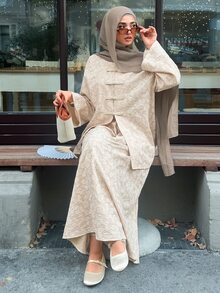 Solavon New Vintage Design New Chinese Style Frog Button Print Comfortable Outfit - Apricot - View 2