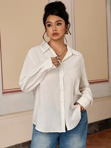 SHEIN BASICS Plus Size Single-Breasted Versatile Minimalist Long Sleeve Shirt - White - View 7